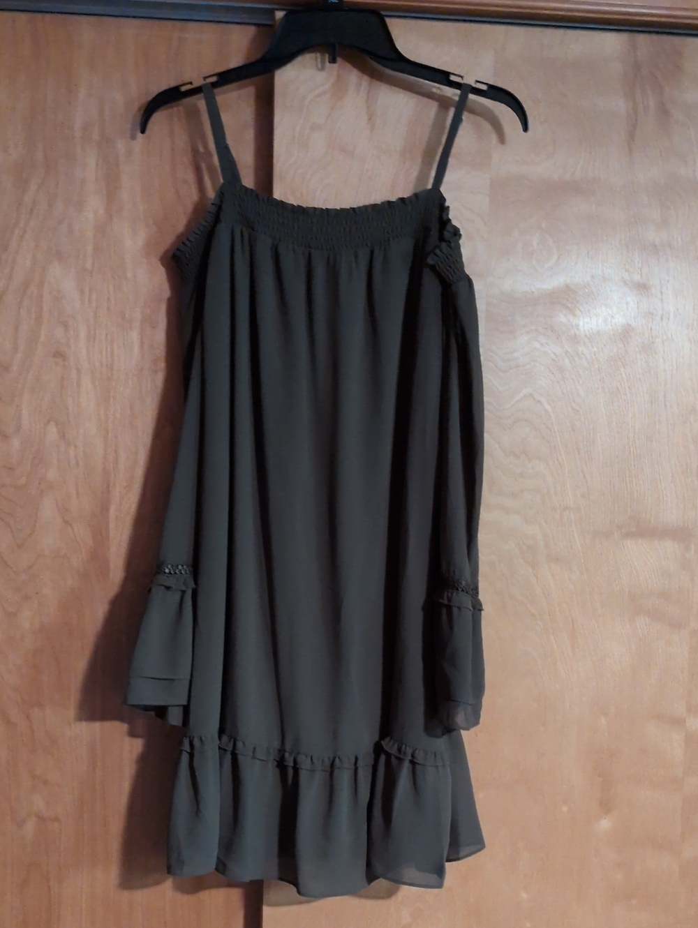 A. Byer Olive Green Long Sleeve Off-Shoulder Ruffle Dress